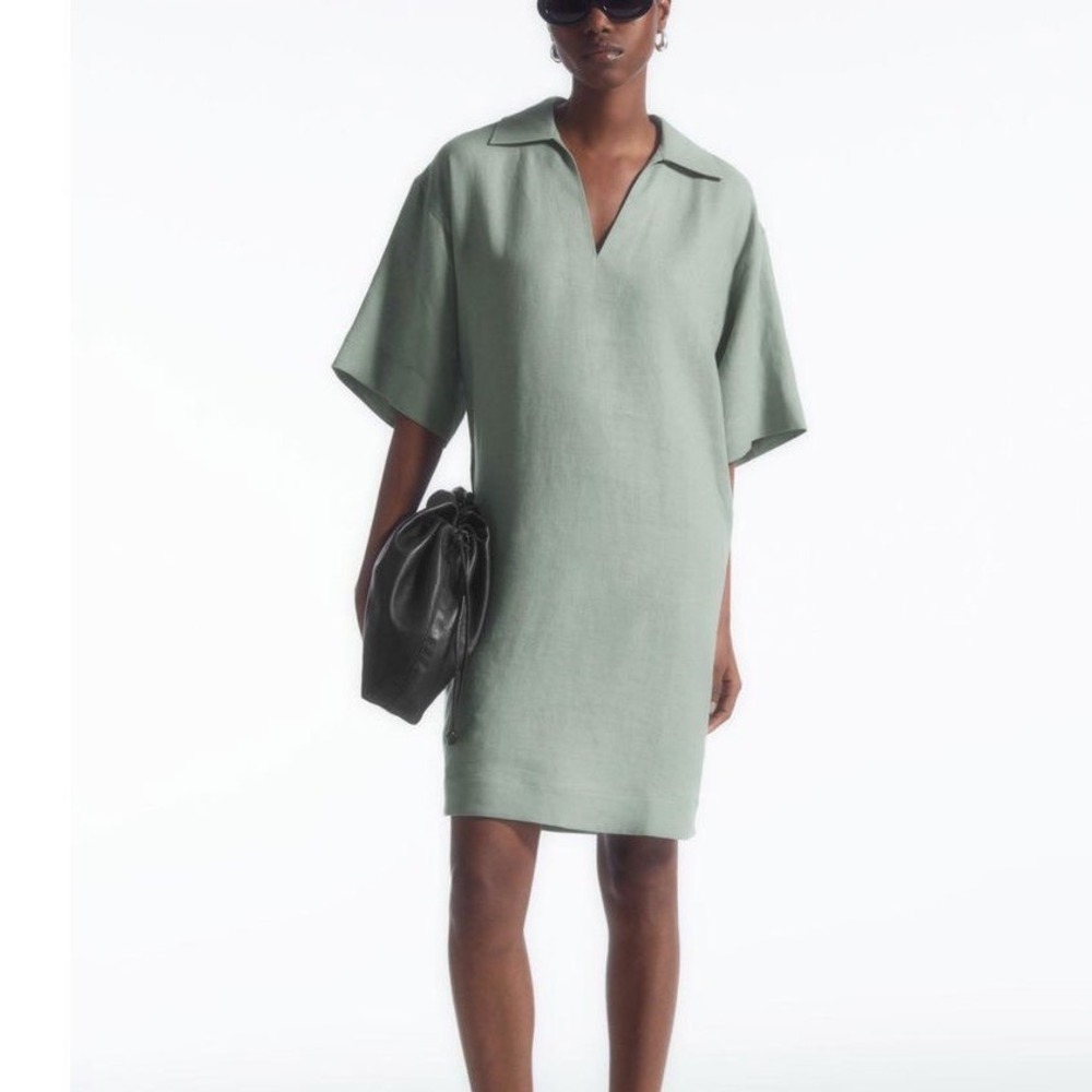 COS Sage Green 100% Linen Short Sleeve Tunic shirt dress Minimalist Lagenlook 10